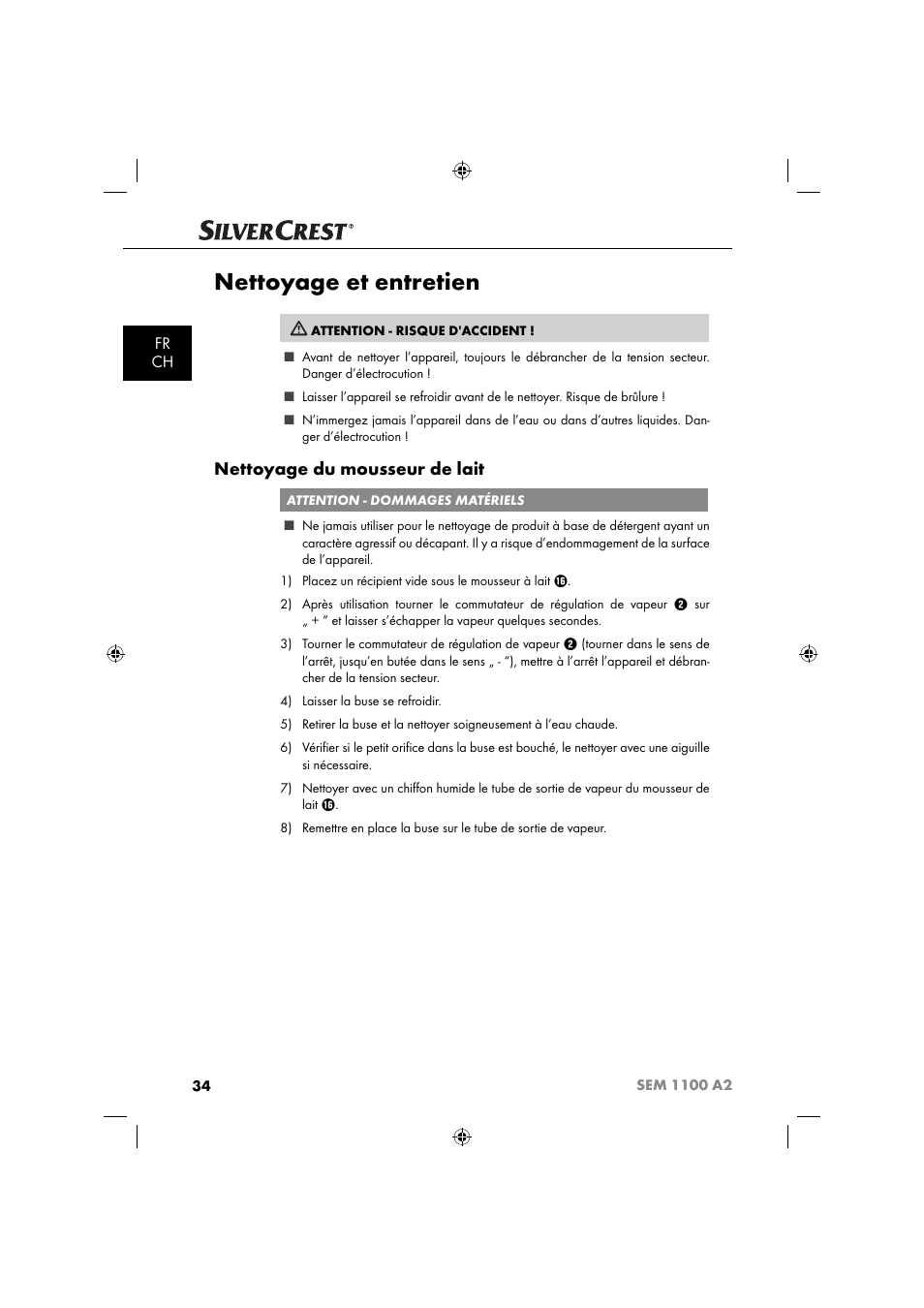 Nettoyage et entretien, Nettoyage du mousseur de lait, Fr ch | Silvercrest SEM 1100 A2 User Manual | Page 36 / 81