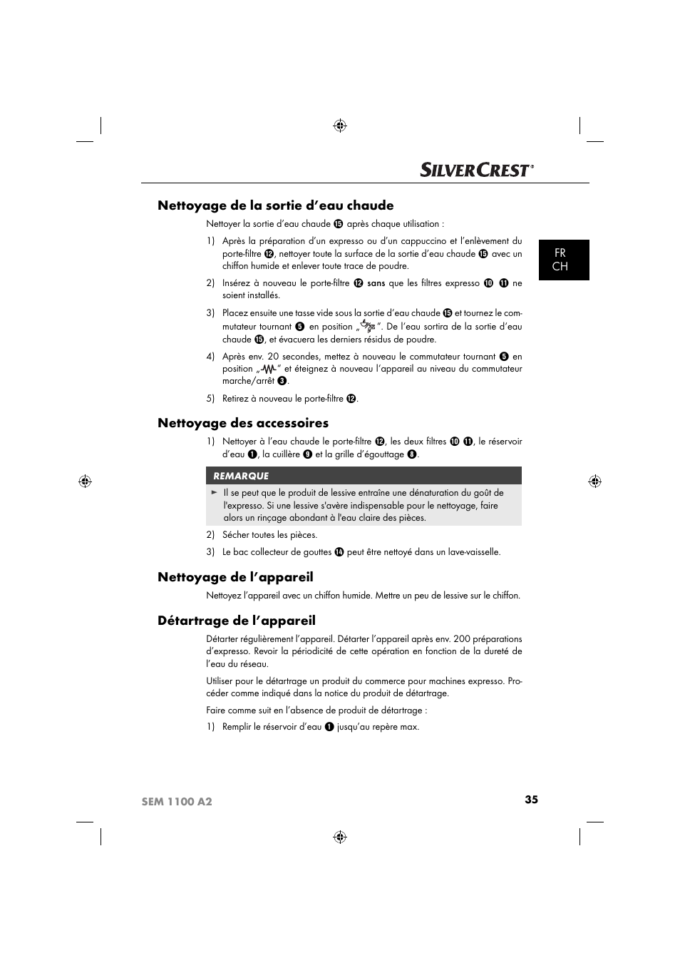 Nettoyage de la sortie d’eau chaude, Nettoyage des accessoires, Nettoyage de l’appareil | Détartrage de l’appareil, Fr ch | Silvercrest SEM 1100 A2 User Manual | Page 37 / 81