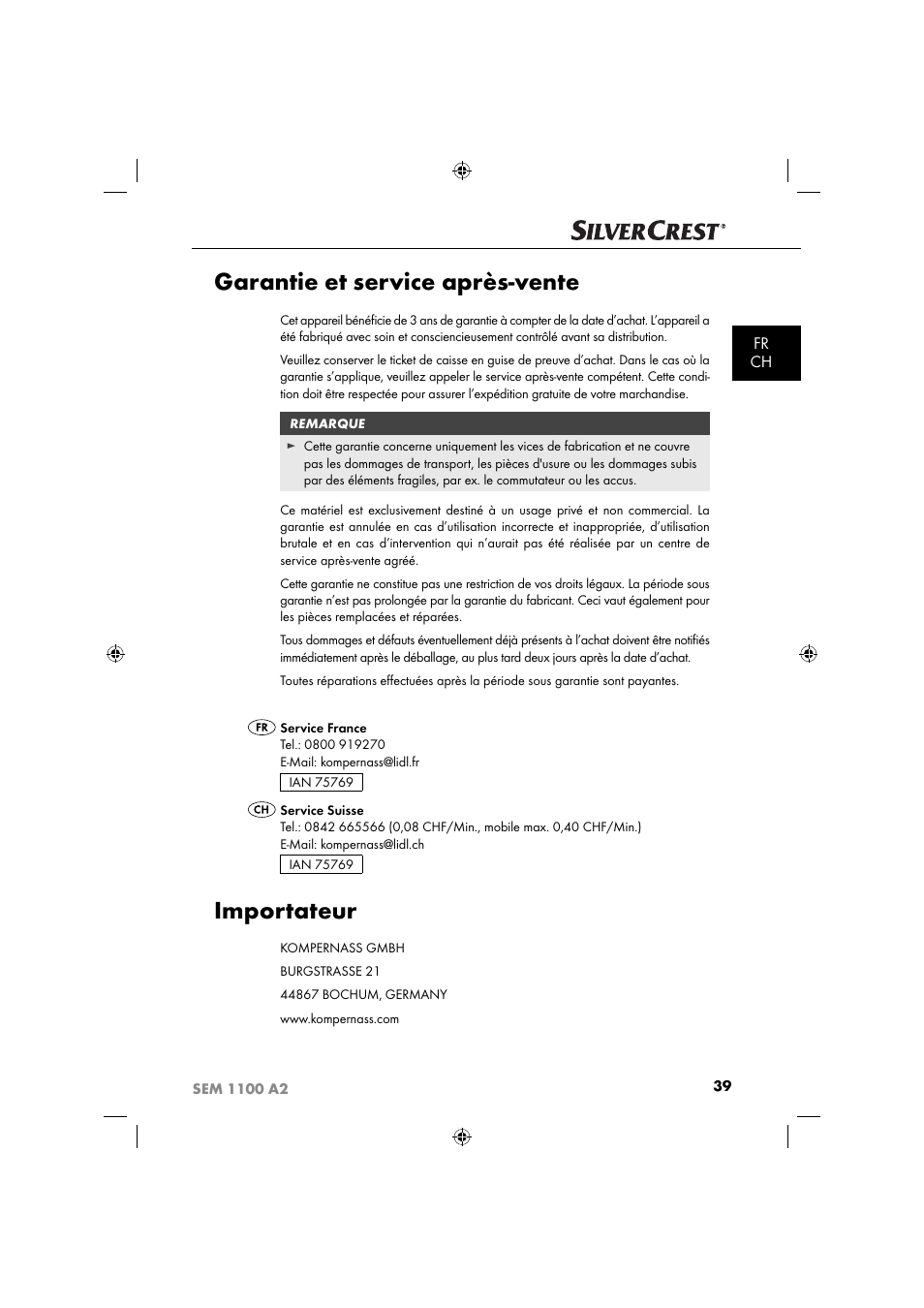 Garantie et service après-vente, Importateur, Fr ch | Silvercrest SEM 1100 A2 User Manual | Page 41 / 81