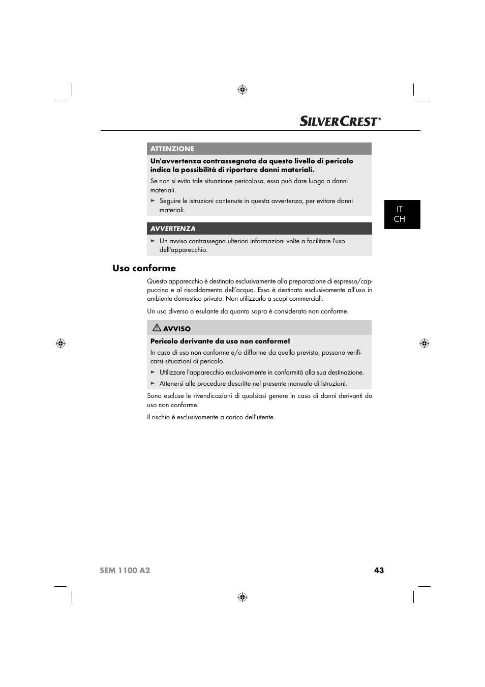 Uso conforme, It ch | Silvercrest SEM 1100 A2 User Manual | Page 45 / 81