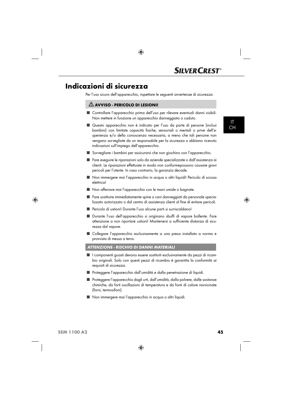 Indicazioni di sicurezza, It ch | Silvercrest SEM 1100 A2 User Manual | Page 47 / 81