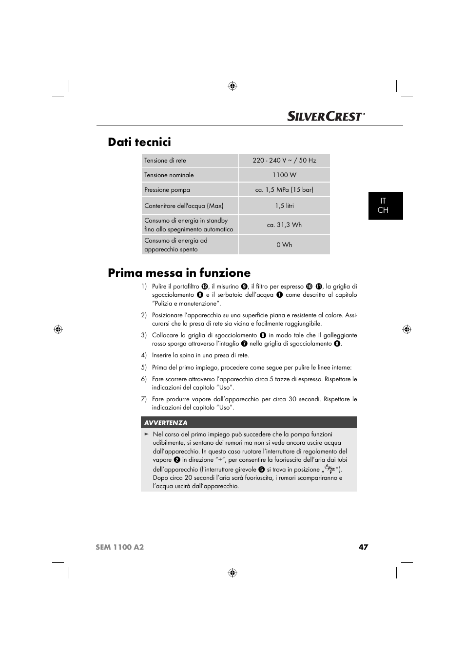 Dati tecnici, Prima messa in funzione, It ch | Silvercrest SEM 1100 A2 User Manual | Page 49 / 81