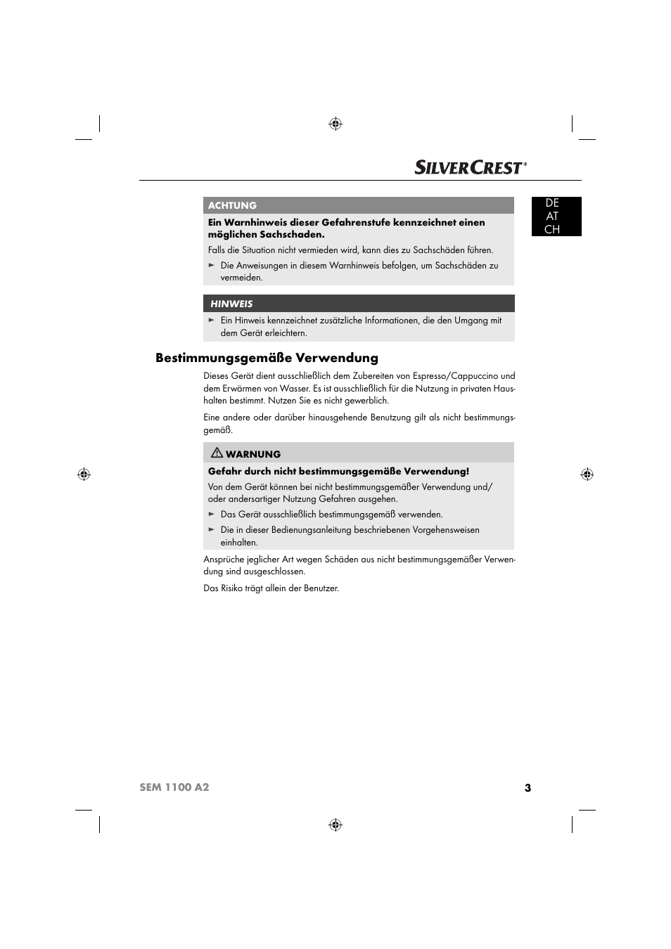 Bestimmungsgemäße verwendung, De at ch | Silvercrest SEM 1100 A2 User Manual | Page 5 / 81