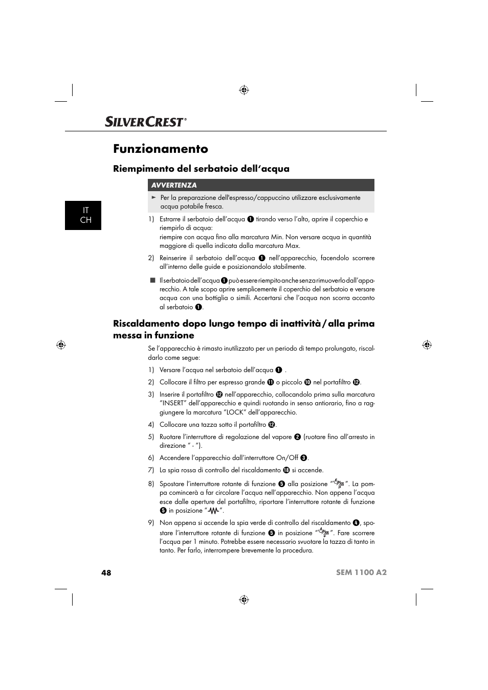 Funzionamento, Riempimento del serbatoio dell‘acqua, It ch | Silvercrest SEM 1100 A2 User Manual | Page 50 / 81