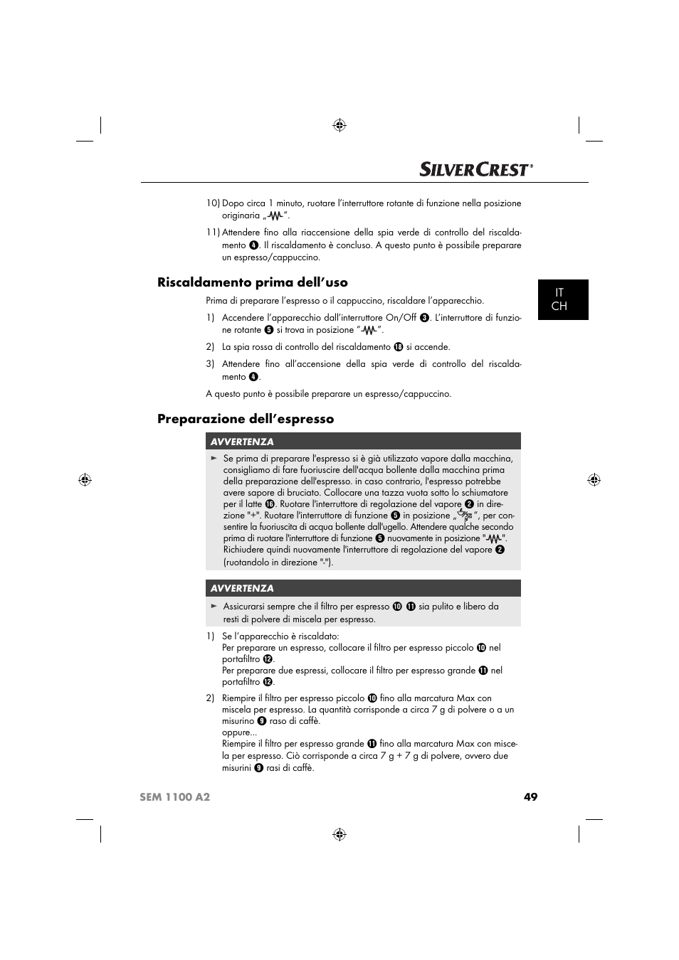 Riscaldamento prima dell’uso, Preparazione dell’espresso, It ch | Silvercrest SEM 1100 A2 User Manual | Page 51 / 81