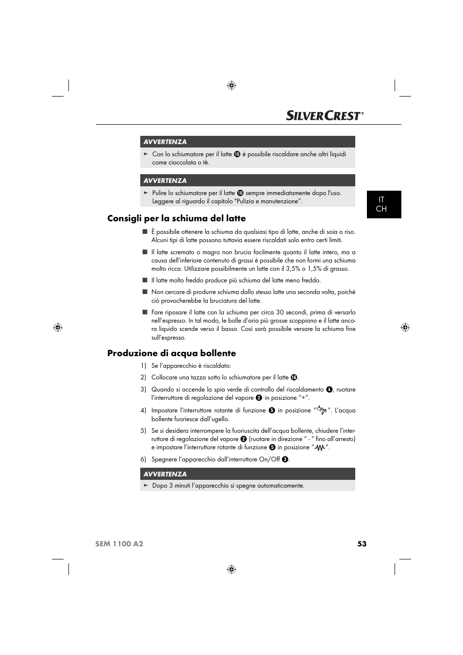 Consigli per la schiuma del latte, Produzione di acqua bollente, It ch | Silvercrest SEM 1100 A2 User Manual | Page 55 / 81