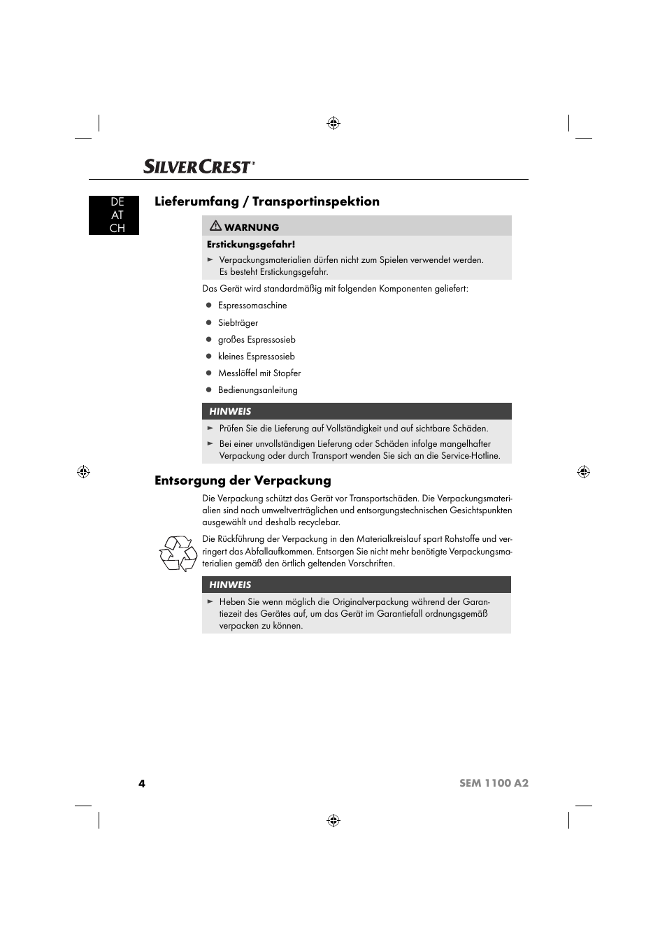 Lieferumfang / transportinspektion, Entsorgung der verpackung, De at ch | Silvercrest SEM 1100 A2 User Manual | Page 6 / 81