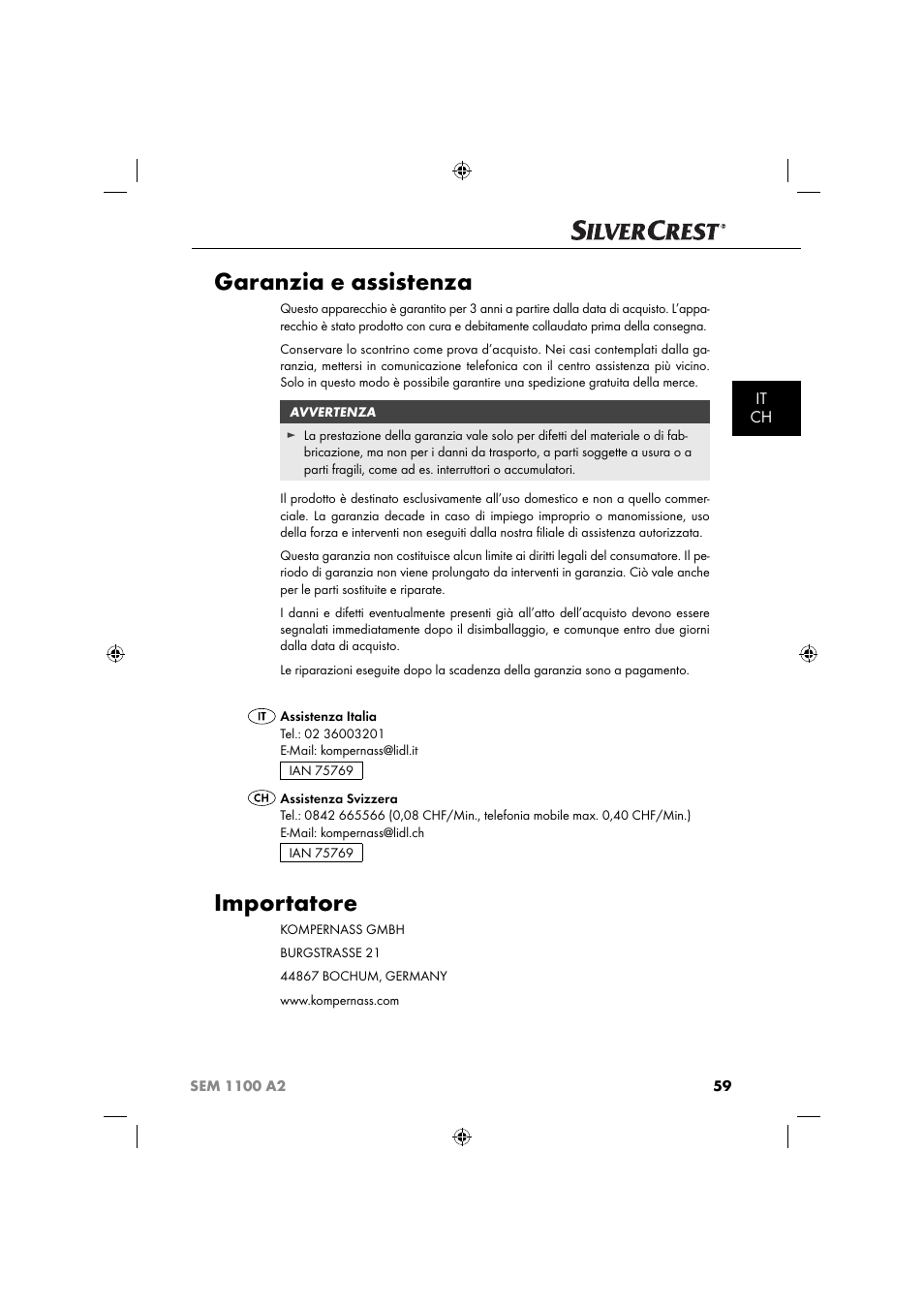 Garanzia e assistenza, Importatore, It ch | Silvercrest SEM 1100 A2 User Manual | Page 61 / 81