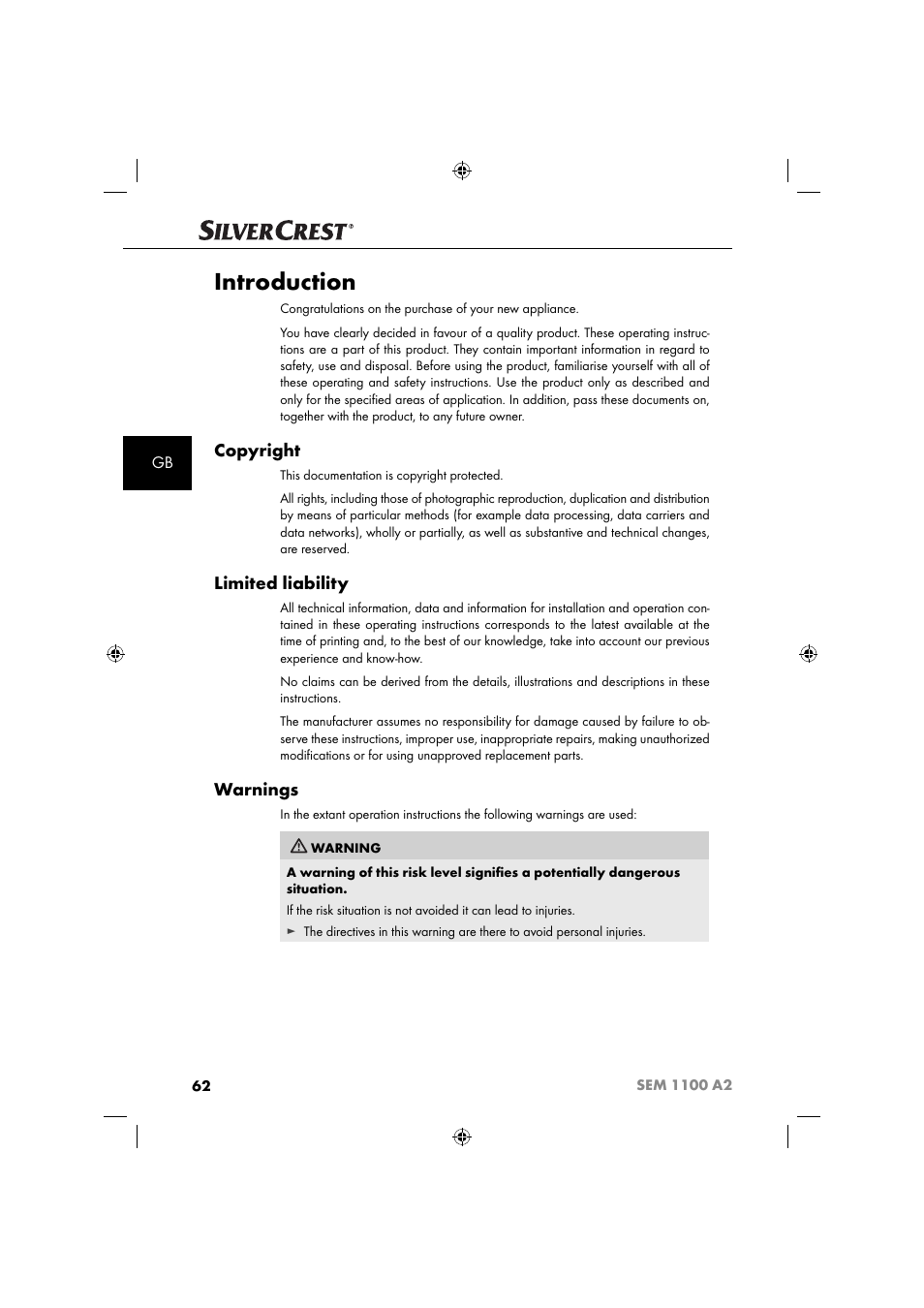 Introduction, Copyright, Limited liability | Warnings | Silvercrest SEM 1100 A2 User Manual | Page 64 / 81