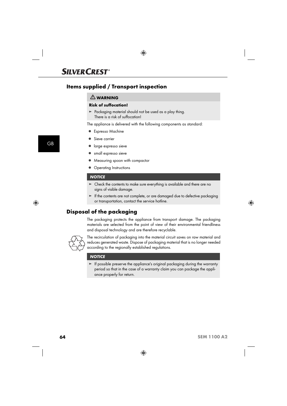 Items supplied / transport inspection, Disposal of the packaging | Silvercrest SEM 1100 A2 User Manual | Page 66 / 81