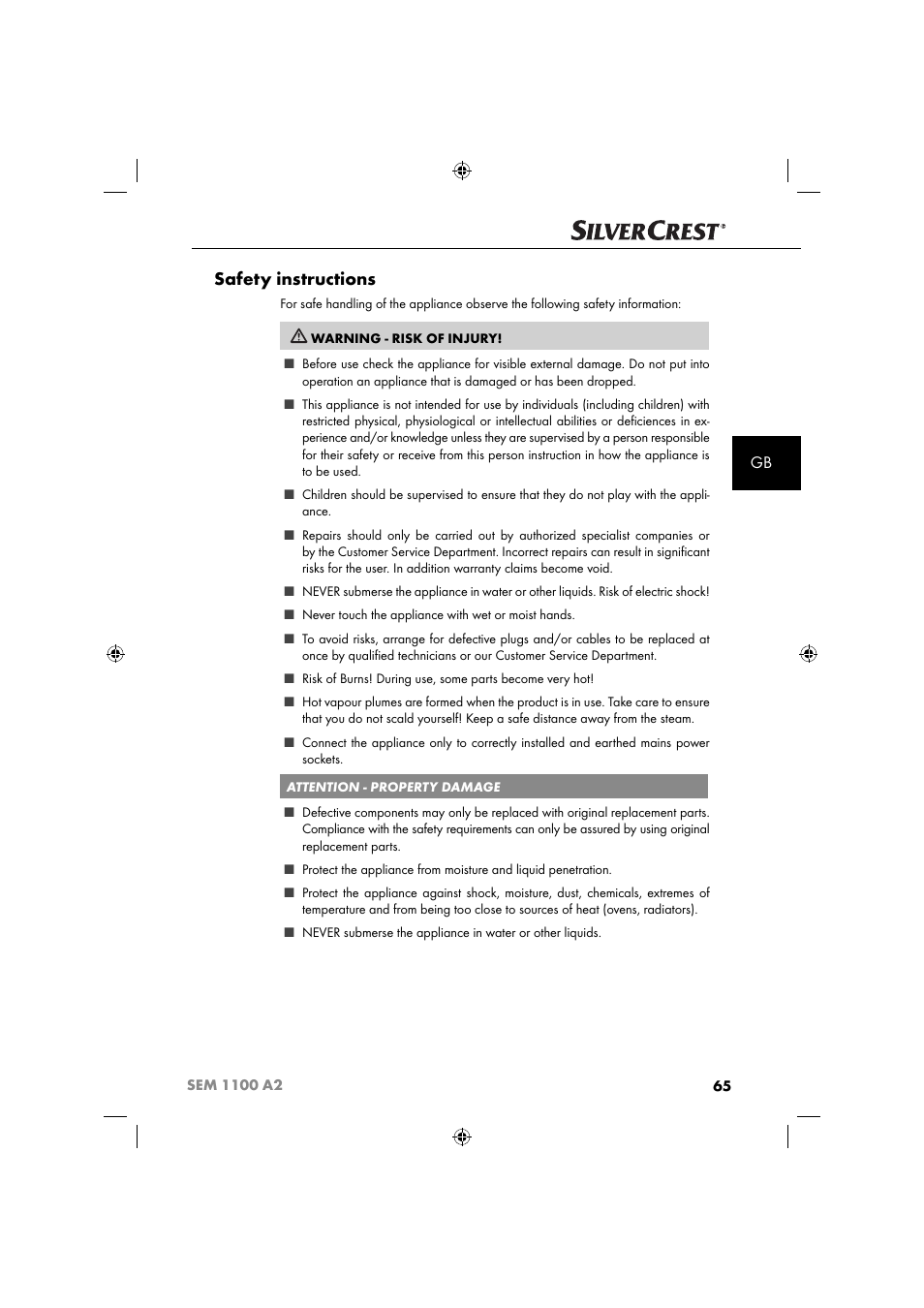 Safety instructions | Silvercrest SEM 1100 A2 User Manual | Page 67 / 81