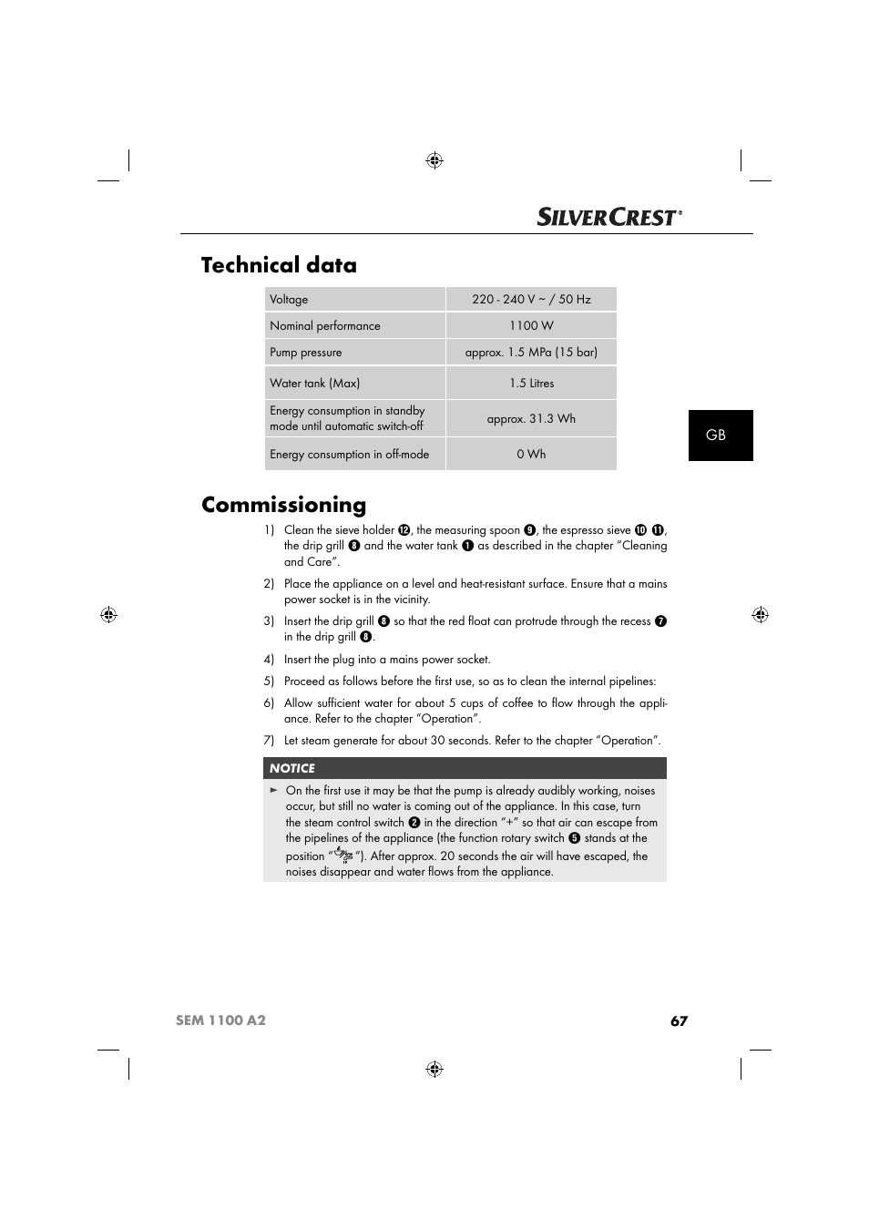 Technical data, Commissioning | Silvercrest SEM 1100 A2 User Manual | Page 69 / 81