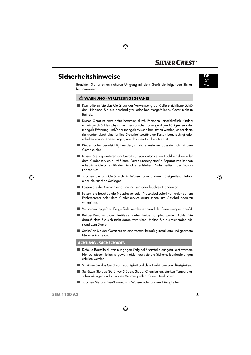 Sicherheitshinweise, De at ch | Silvercrest SEM 1100 A2 User Manual | Page 7 / 81