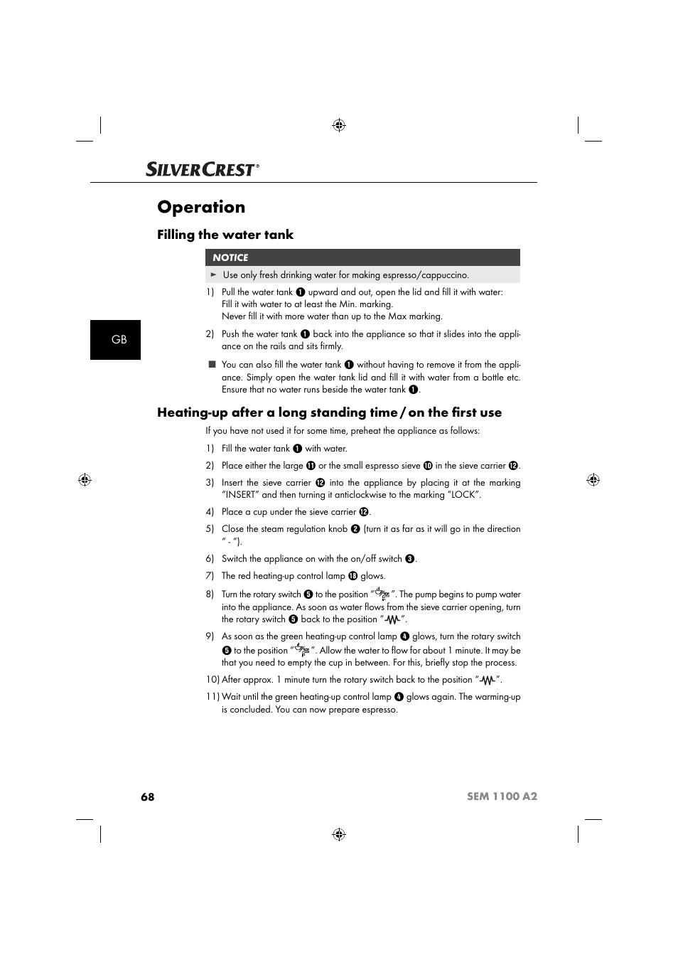 Operation, Filling the water tank | Silvercrest SEM 1100 A2 User Manual | Page 70 / 81