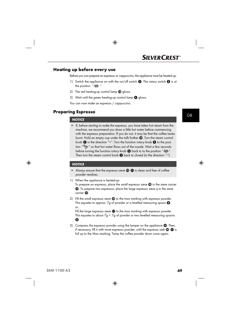 Heating up before every use, Preparing espresso | Silvercrest SEM 1100 A2 User Manual | Page 71 / 81