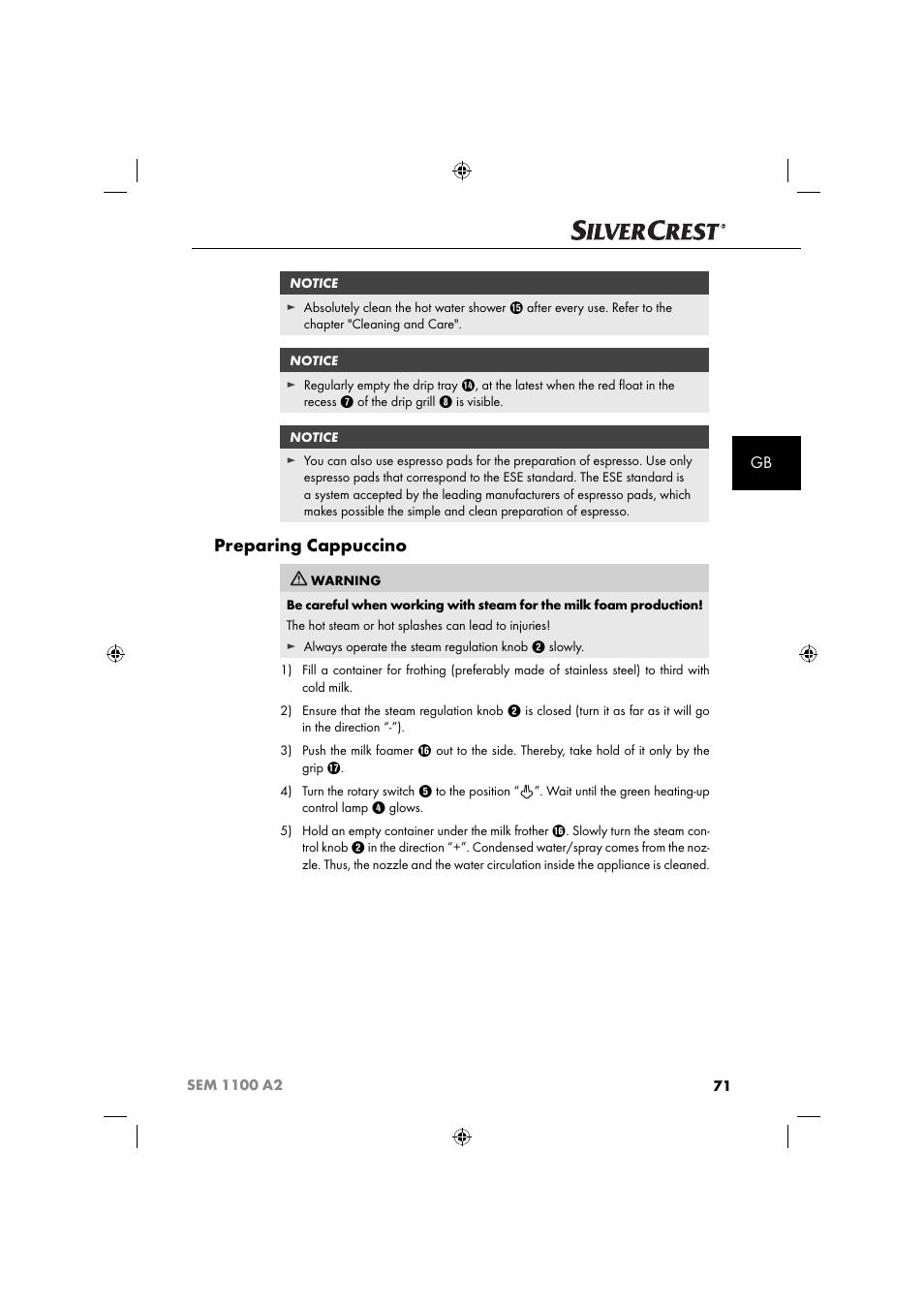 Preparing cappuccino | Silvercrest SEM 1100 A2 User Manual | Page 73 / 81
