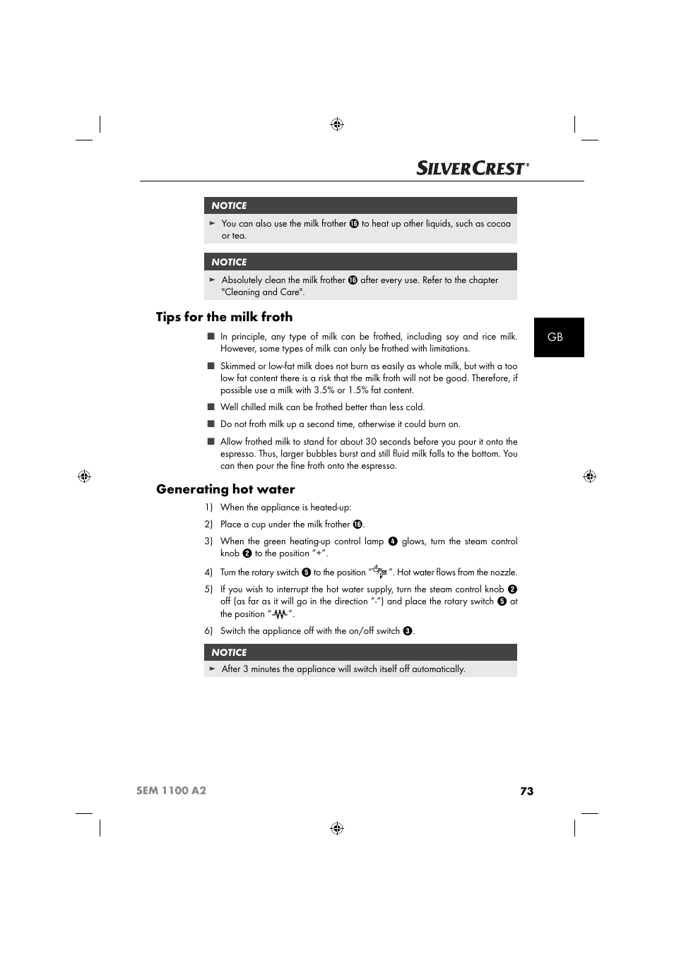 Tips for the milk froth, Generating hot water | Silvercrest SEM 1100 A2 User Manual | Page 75 / 81