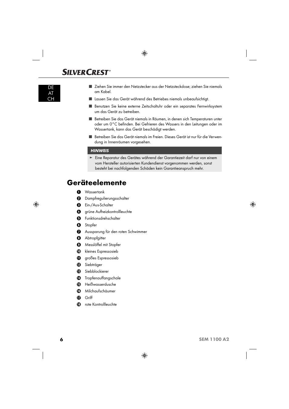 Geräteelemente, De at ch | Silvercrest SEM 1100 A2 User Manual | Page 8 / 81
