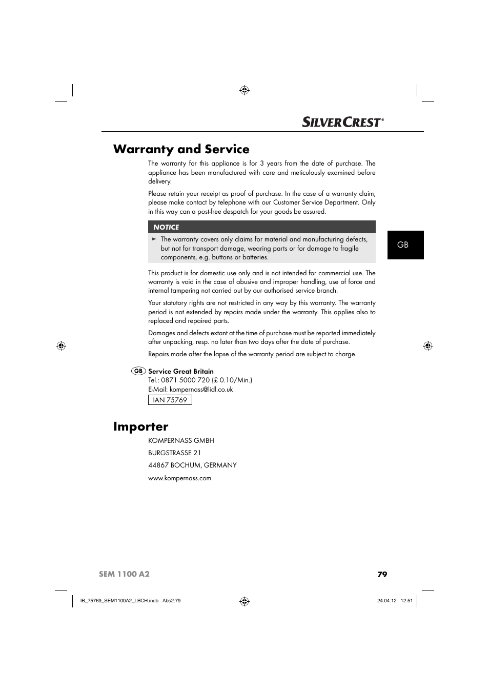 Warranty and service, Importer | Silvercrest SEM 1100 A2 User Manual | Page 81 / 81