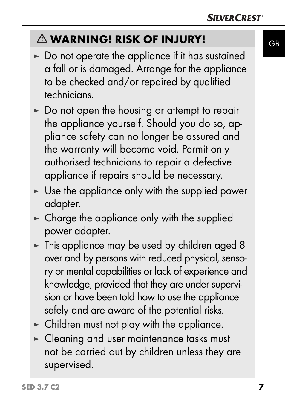 Warning! risk of injury, Children must not play with the appliance | Silvercrest SED 3.7 C2 User Manual | Page 10 / 68