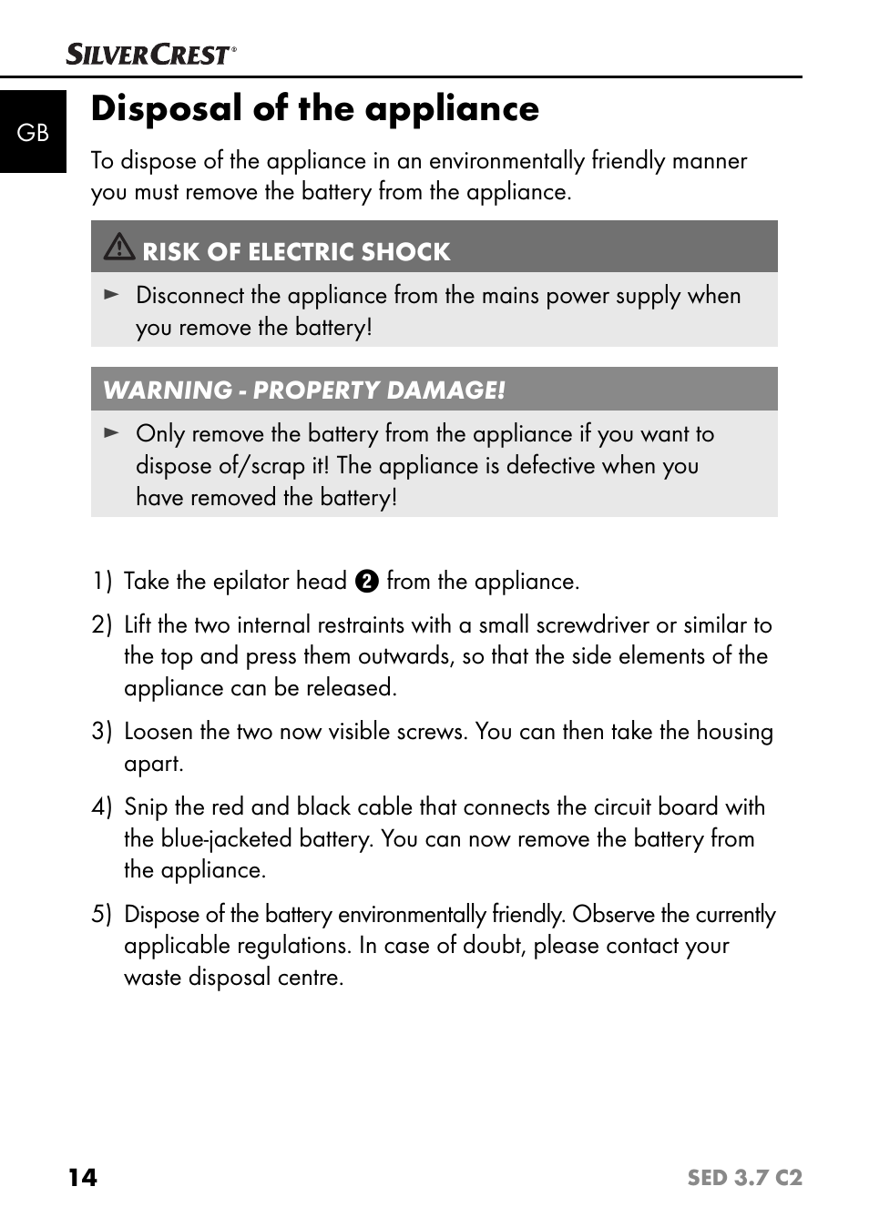 Disposal of the appliance | Silvercrest SED 3.7 C2 User Manual | Page 17 / 68
