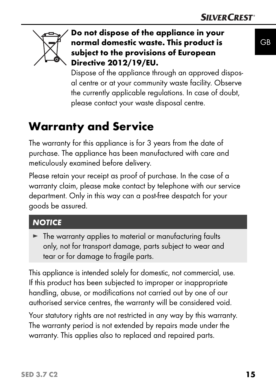 Warranty and service | Silvercrest SED 3.7 C2 User Manual | Page 18 / 68