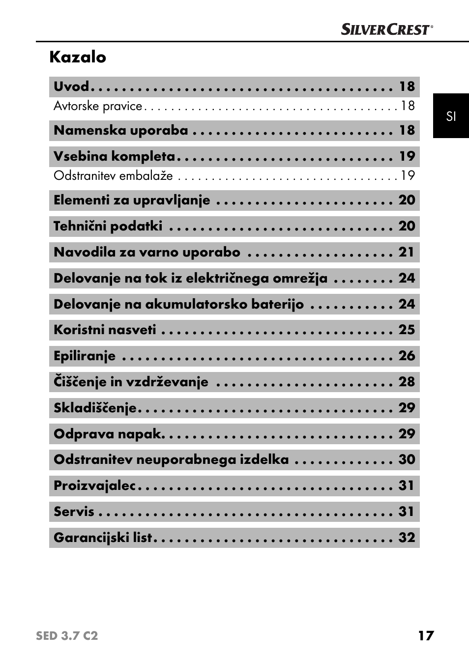 Kazalo | Silvercrest SED 3.7 C2 User Manual | Page 20 / 68