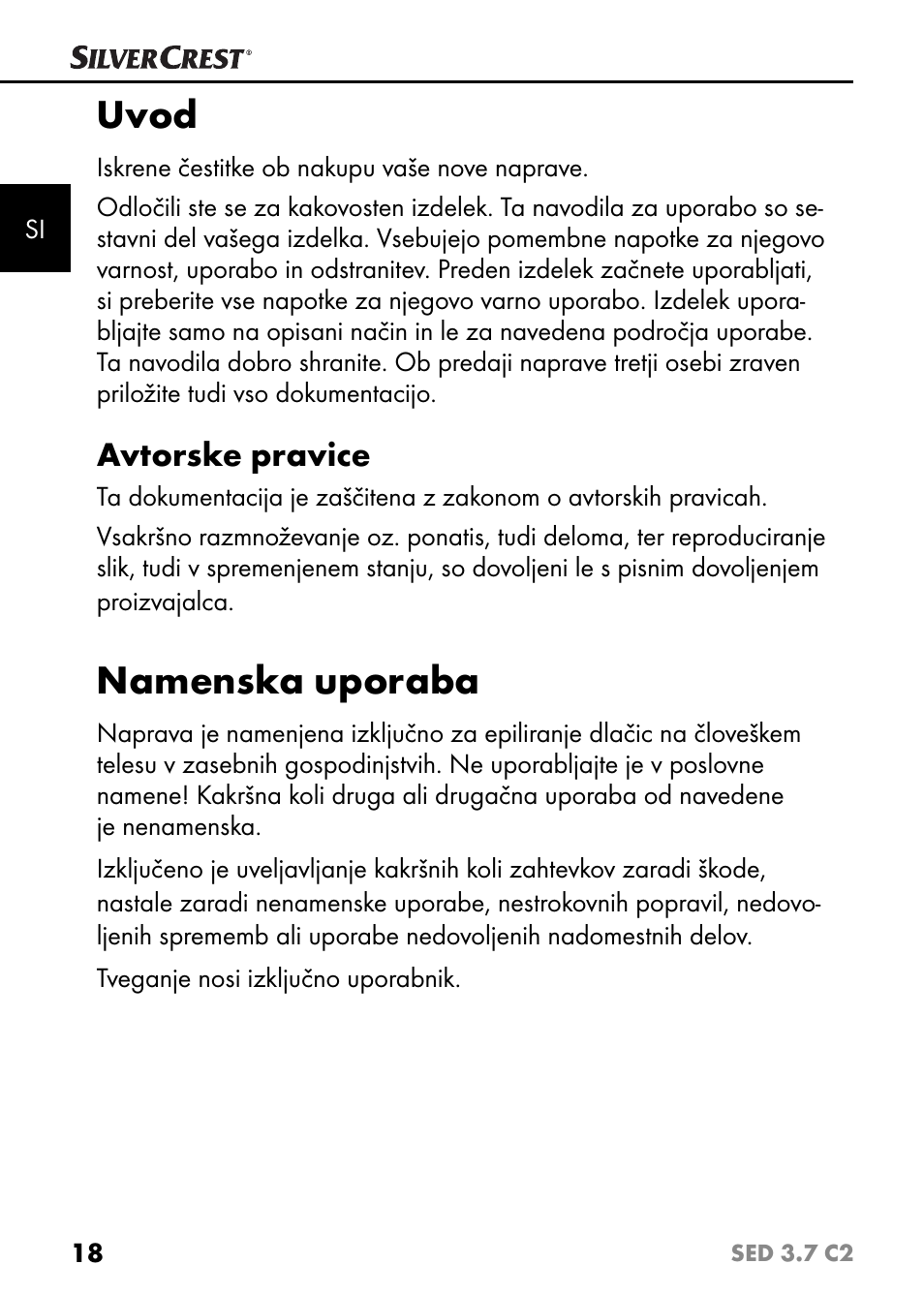 Uvod, Namenska uporaba, Avtorske pravice | Silvercrest SED 3.7 C2 User Manual | Page 21 / 68