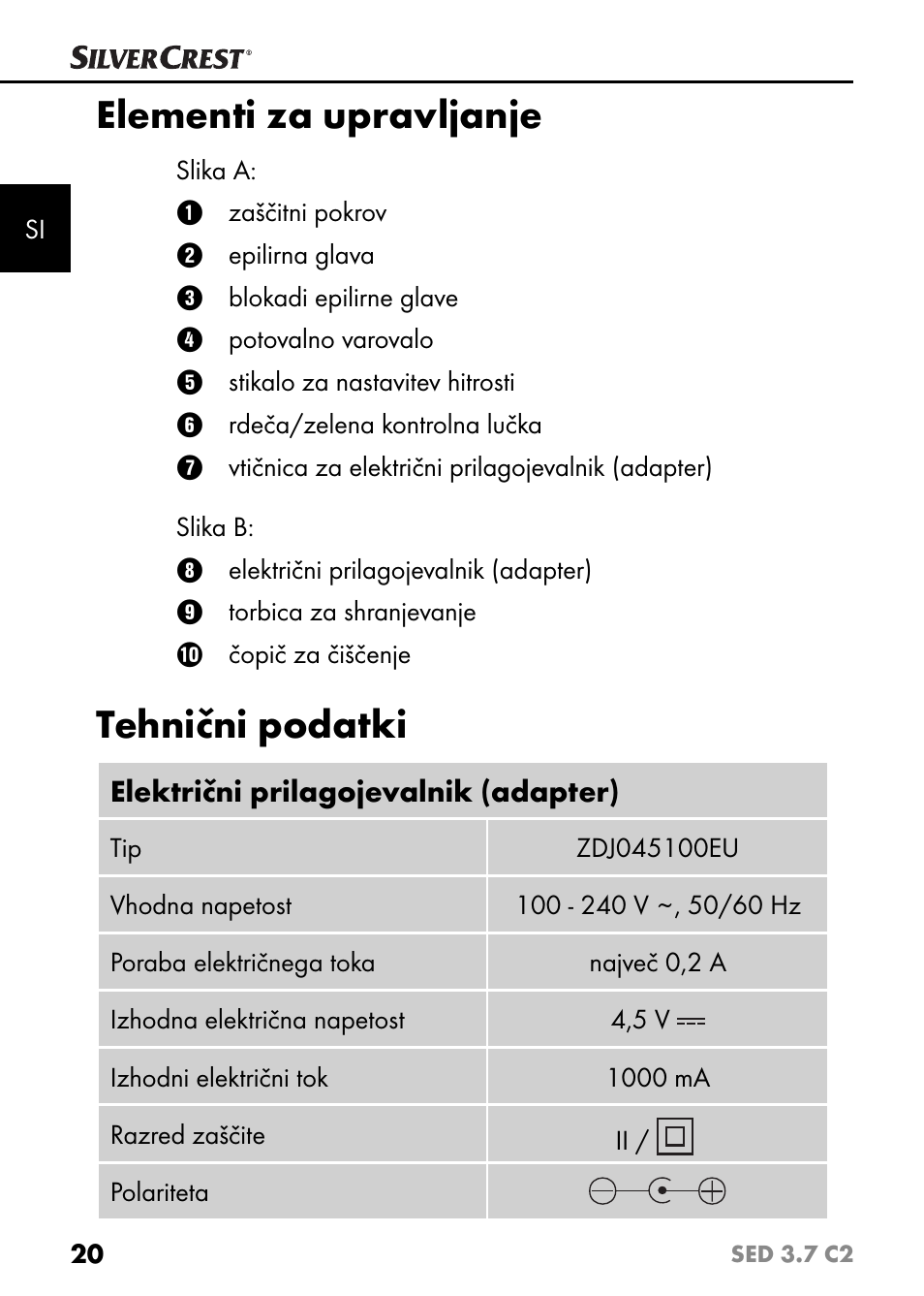 Elementi za upravljanje, Tehnični podatki | Silvercrest SED 3.7 C2 User Manual | Page 23 / 68