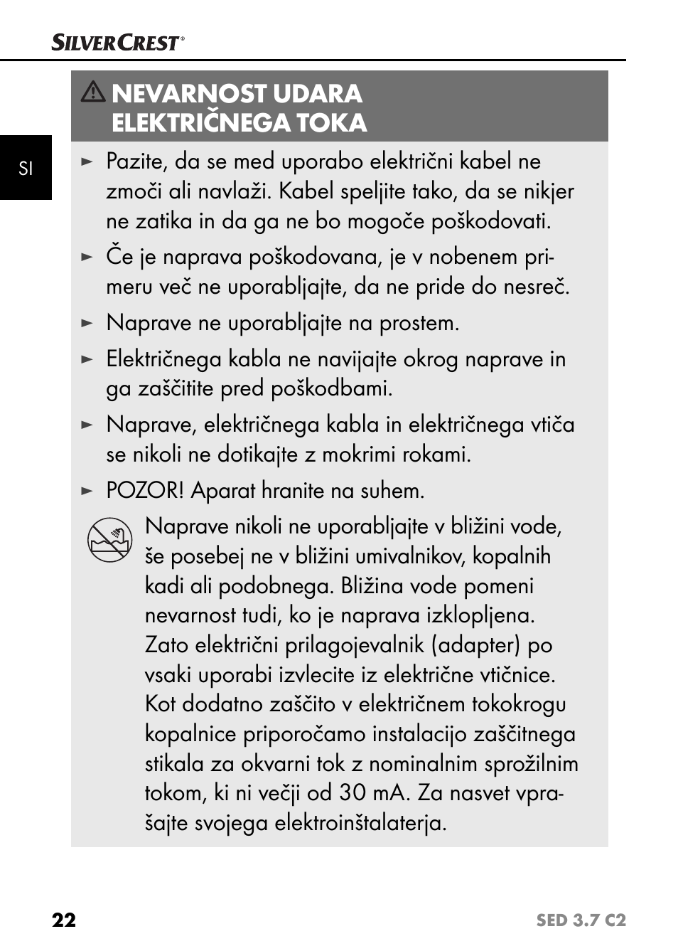 Nevarnost udara električnega toka, Naprave ne uporabljajte na prostem | Silvercrest SED 3.7 C2 User Manual | Page 25 / 68