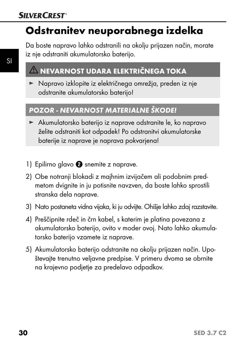 Odstranitev neuporabnega izdelka | Silvercrest SED 3.7 C2 User Manual | Page 33 / 68