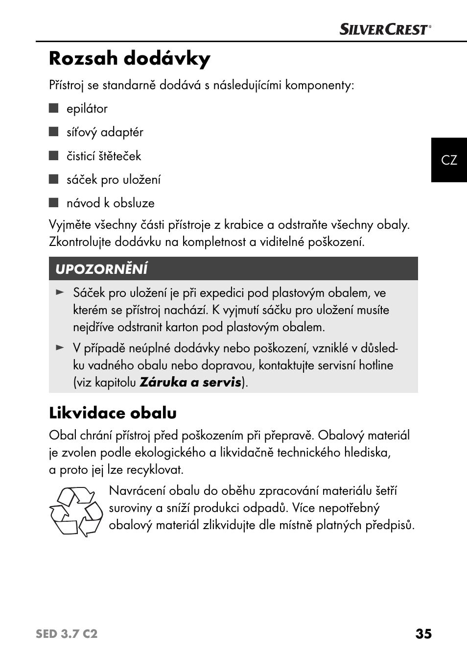 Rozsah dodávky, Likvidace obalu | Silvercrest SED 3.7 C2 User Manual | Page 38 / 68