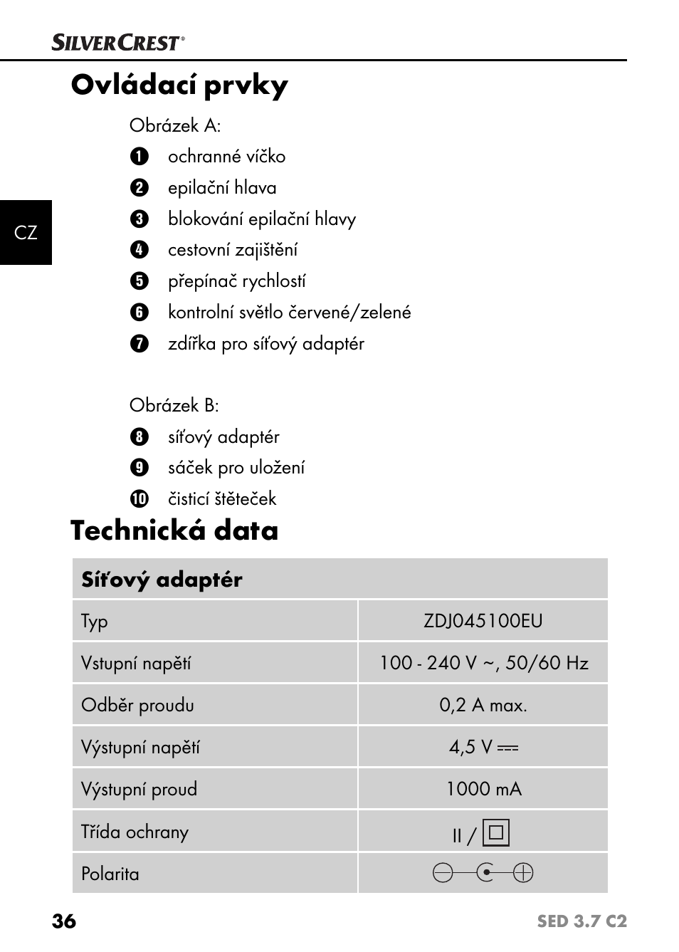 Ovládací prvky, Technická data | Silvercrest SED 3.7 C2 User Manual | Page 39 / 68