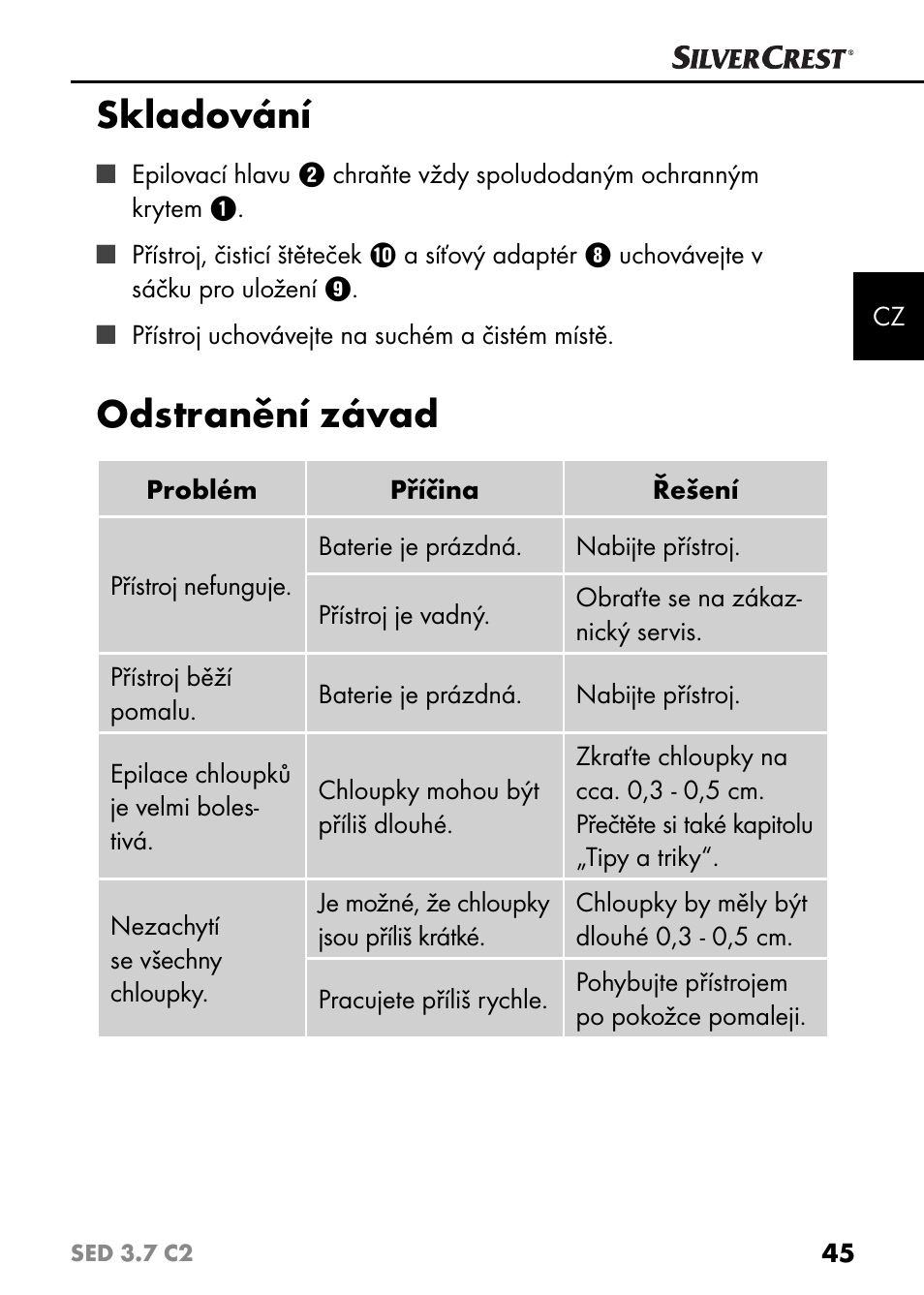 Skladování, Odstranění závad | Silvercrest SED 3.7 C2 User Manual | Page 48 / 68