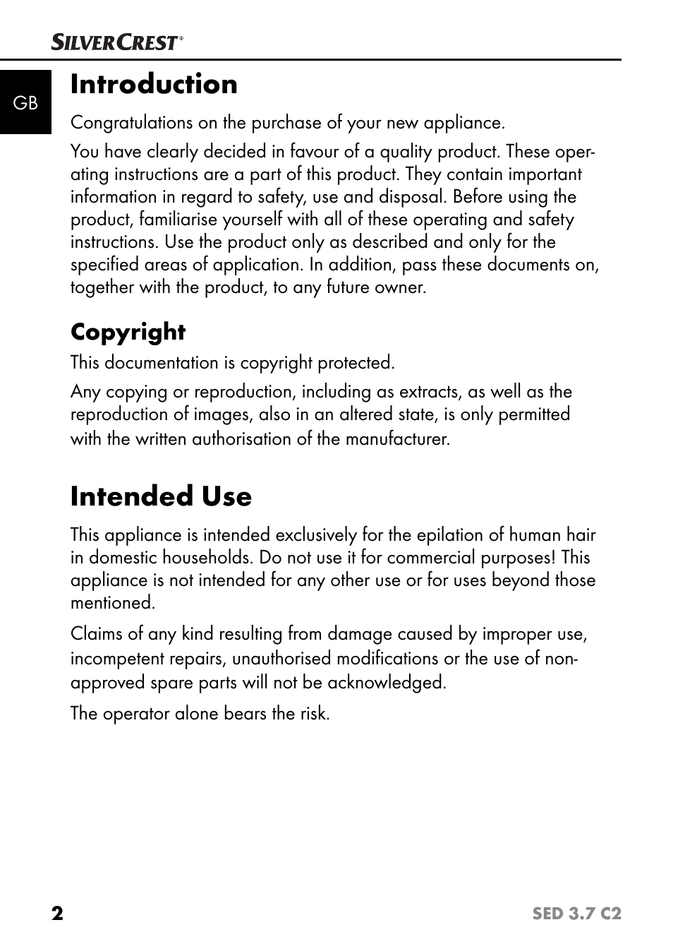 Introduction, Intended use, Copyright | Silvercrest SED 3.7 C2 User Manual | Page 5 / 68