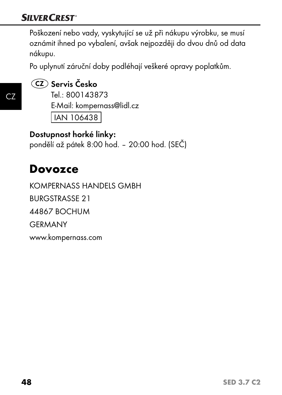 Dovozce | Silvercrest SED 3.7 C2 User Manual | Page 51 / 68