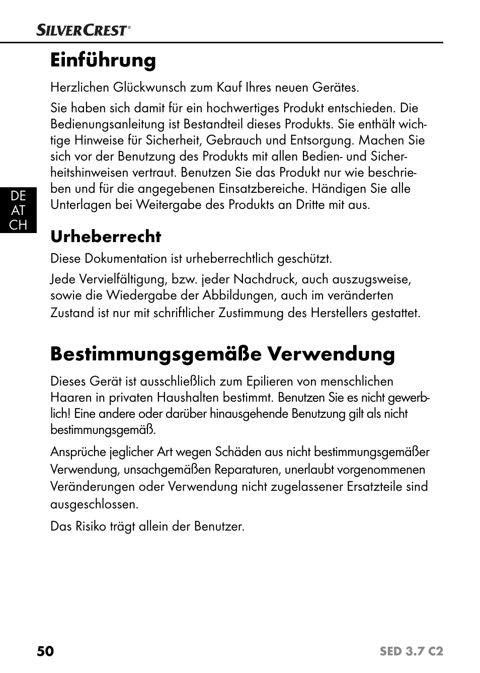 Einführung, Bestimmungsgemäße verwendung, Urheberrecht | Silvercrest SED 3.7 C2 User Manual | Page 53 / 68
