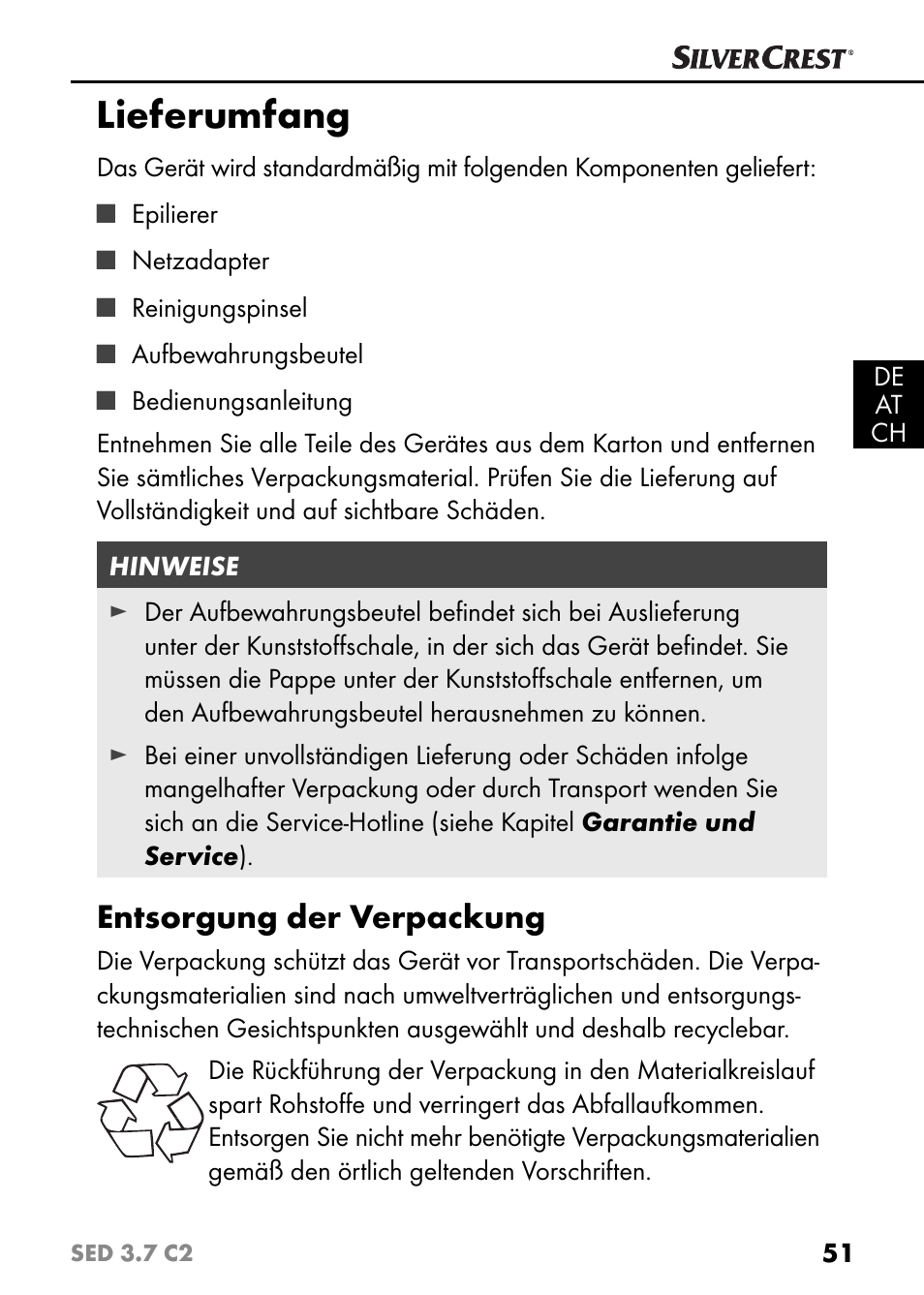 Lieferumfang, Entsorgung der verpackung | Silvercrest SED 3.7 C2 User Manual | Page 54 / 68