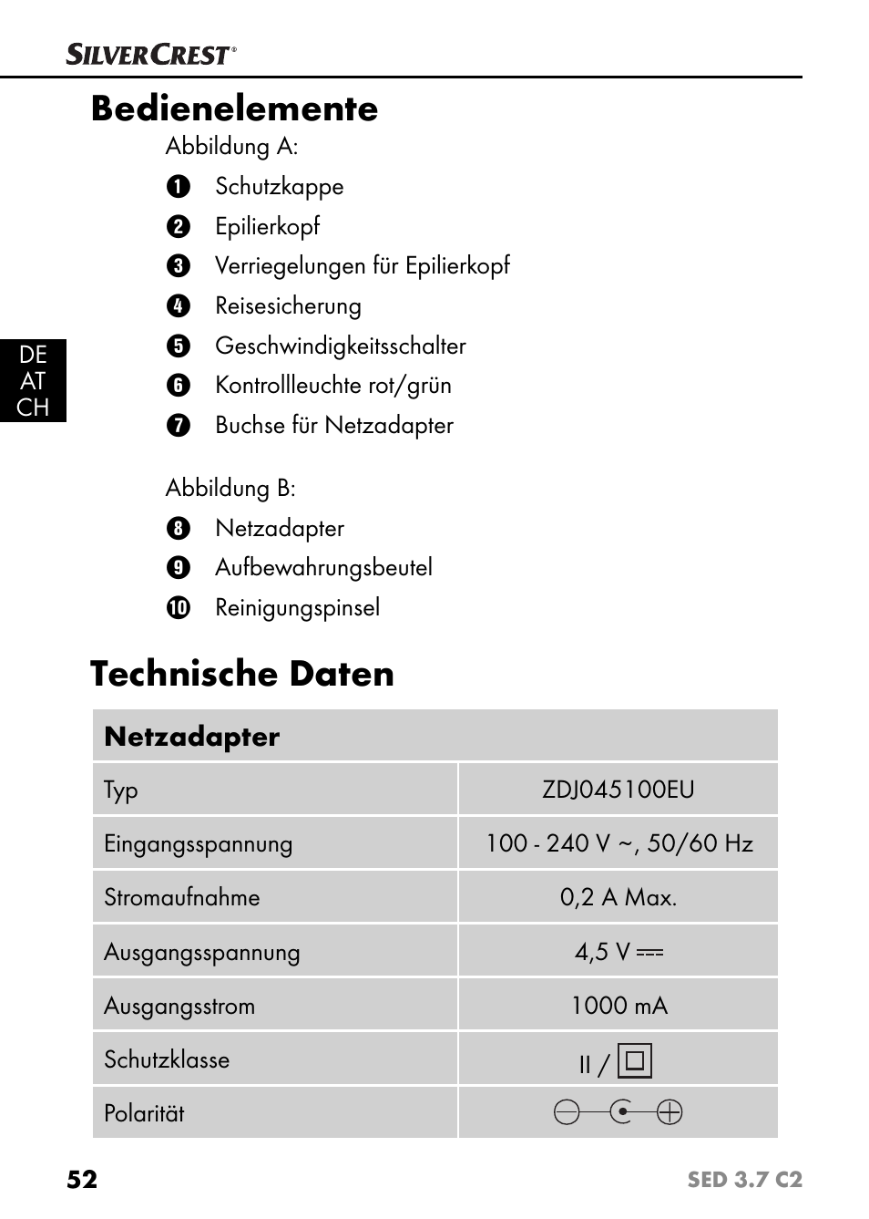 Bedienelemente, Technische daten | Silvercrest SED 3.7 C2 User Manual | Page 55 / 68