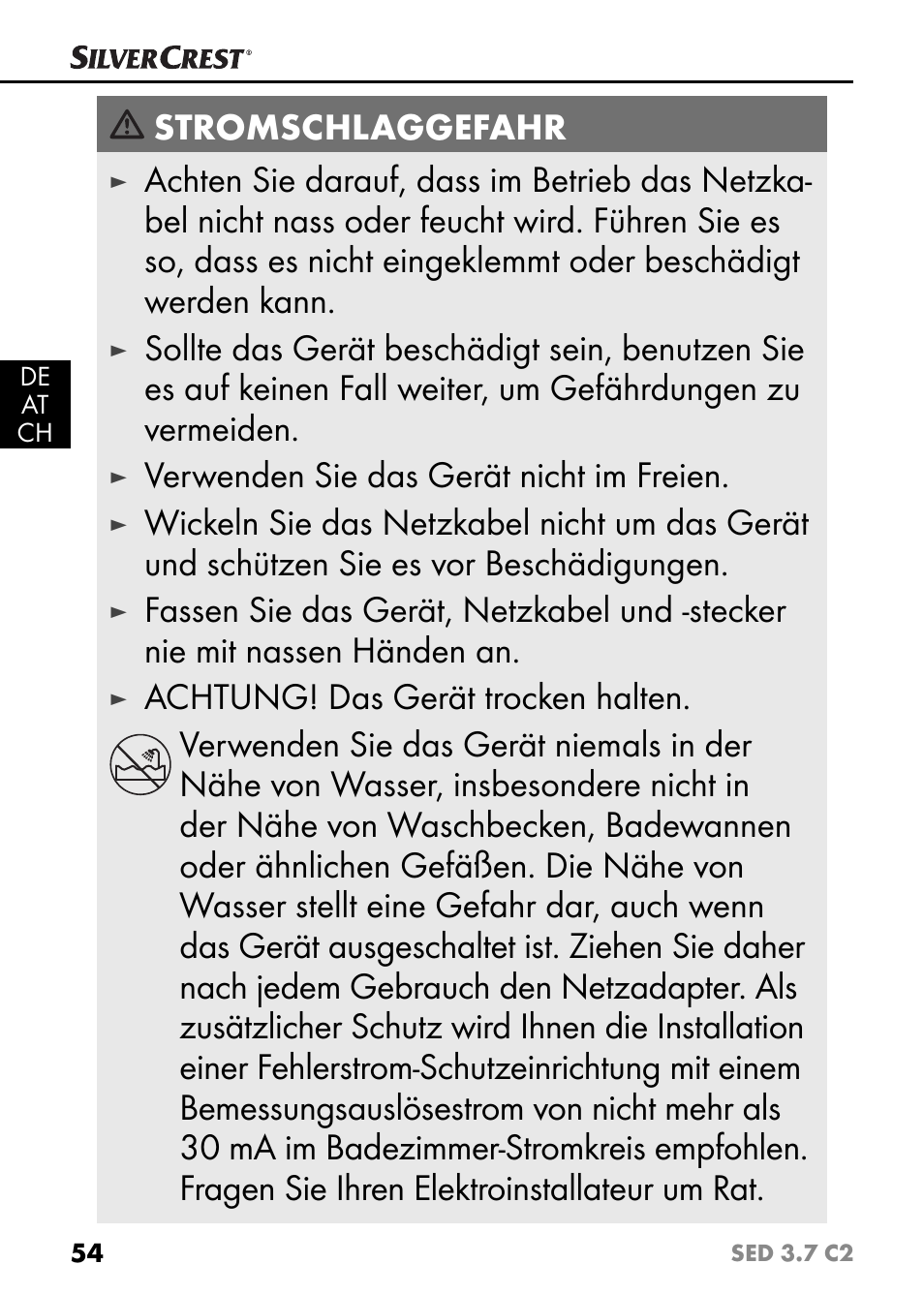Stromschlaggefahr, Verwenden sie das gerät nicht im freien | Silvercrest SED 3.7 C2 User Manual | Page 57 / 68