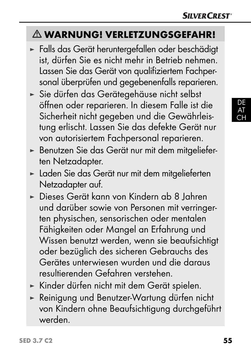 Warnung! verletzungsgefahr, Kinder dürfen nicht mit dem gerät spielen | Silvercrest SED 3.7 C2 User Manual | Page 58 / 68