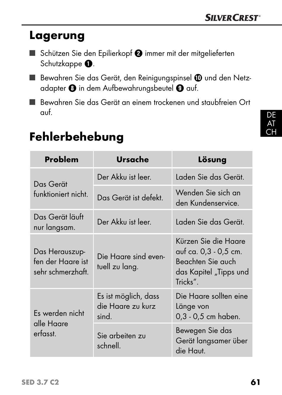 Lagerung, Fehlerbehebung | Silvercrest SED 3.7 C2 User Manual | Page 64 / 68