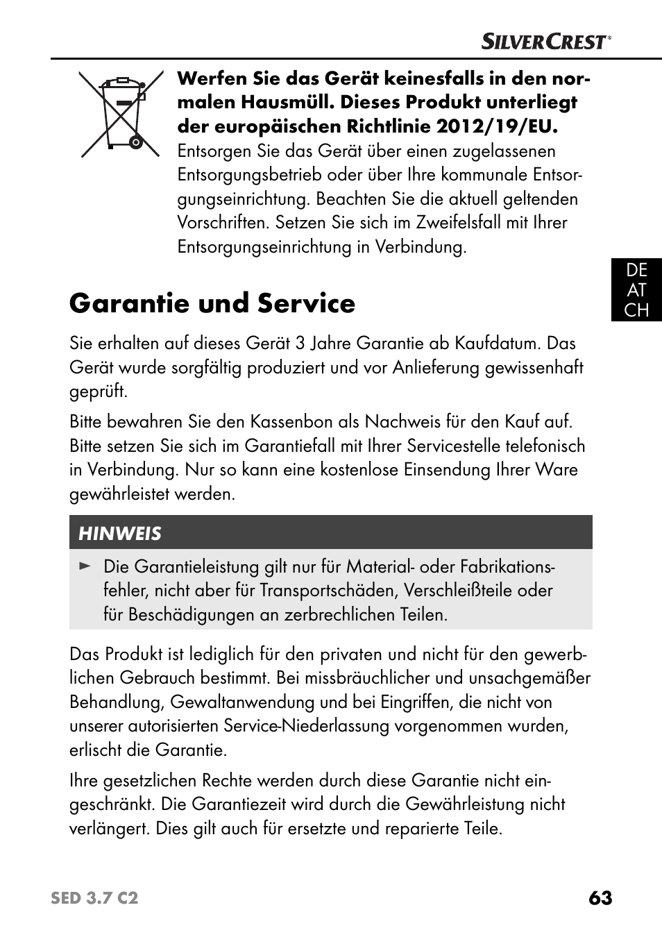 Garantie und service | Silvercrest SED 3.7 C2 User Manual | Page 66 / 68