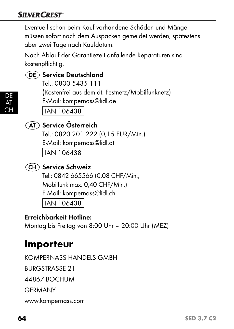 Importeur | Silvercrest SED 3.7 C2 User Manual | Page 67 / 68