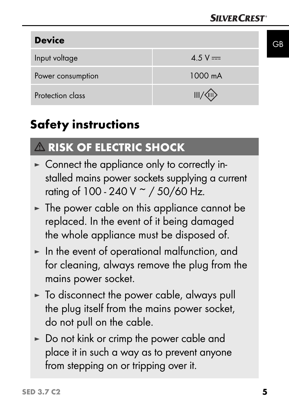 Safety instructions, Risk of electric shock | Silvercrest SED 3.7 C2 User Manual | Page 8 / 68