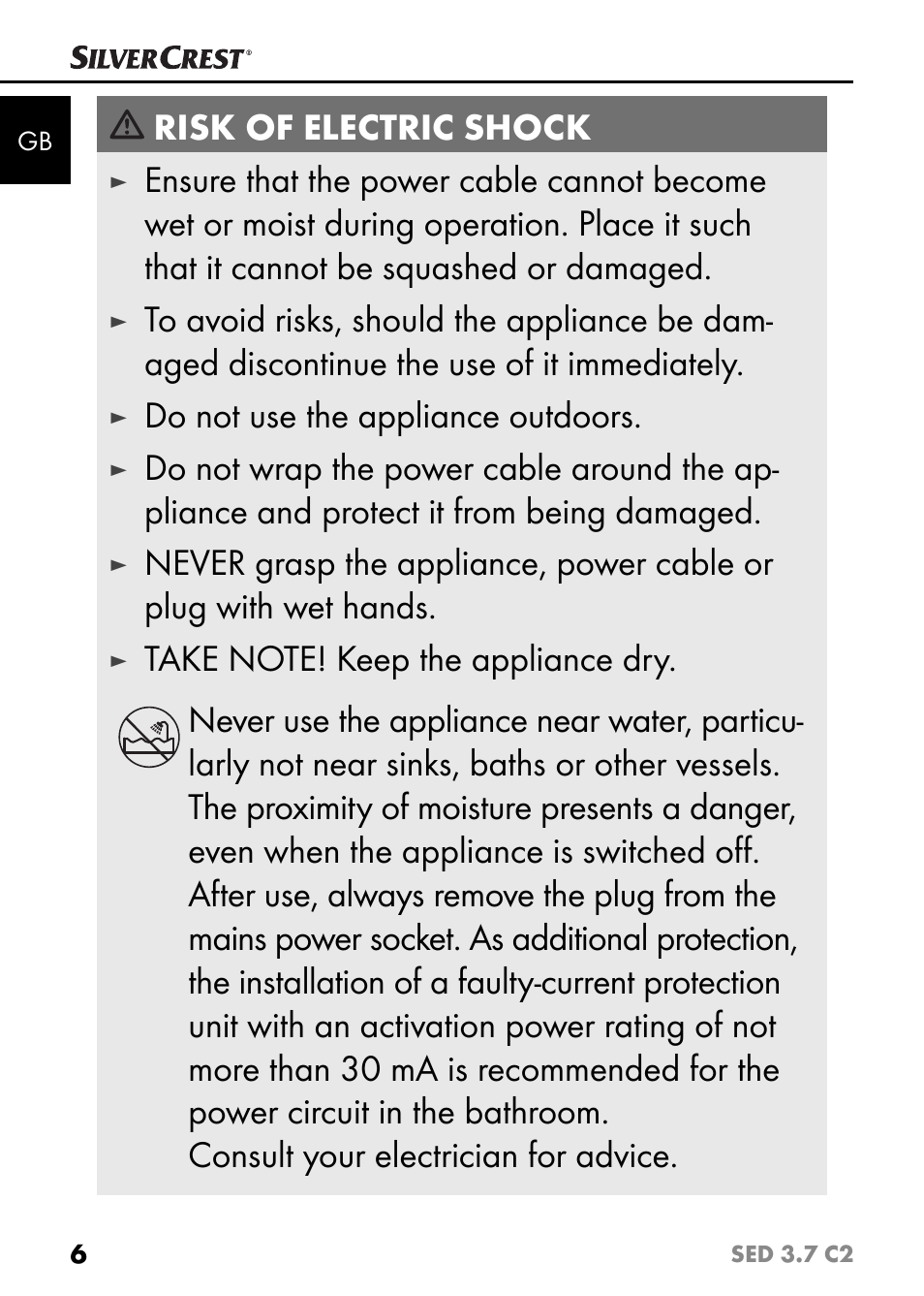 Risk of electric shock, Do not use the appliance outdoors | Silvercrest SED 3.7 C2 User Manual | Page 9 / 68