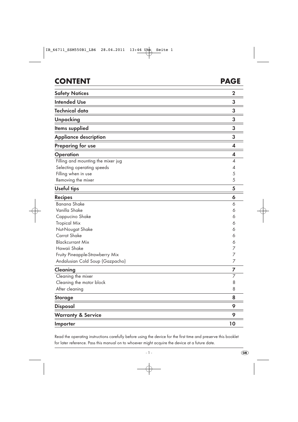 Content page | Silvercrest SSM 550 A1 User Manual | Page 3 / 12