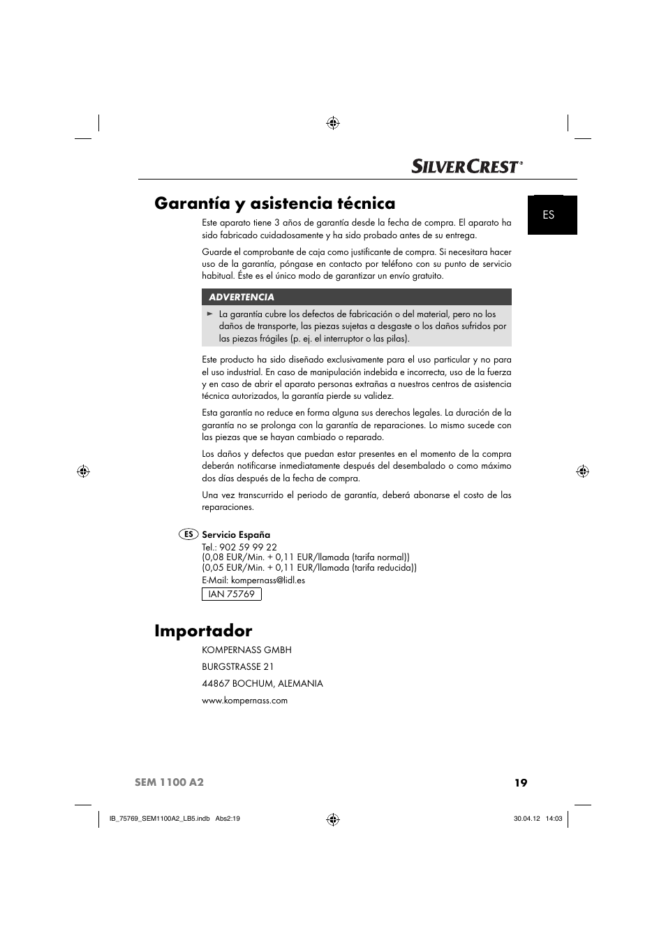 Garantía y asistencia técnica, Importador | Silvercrest SEM 1100 A2 User Manual | Page 21 / 81