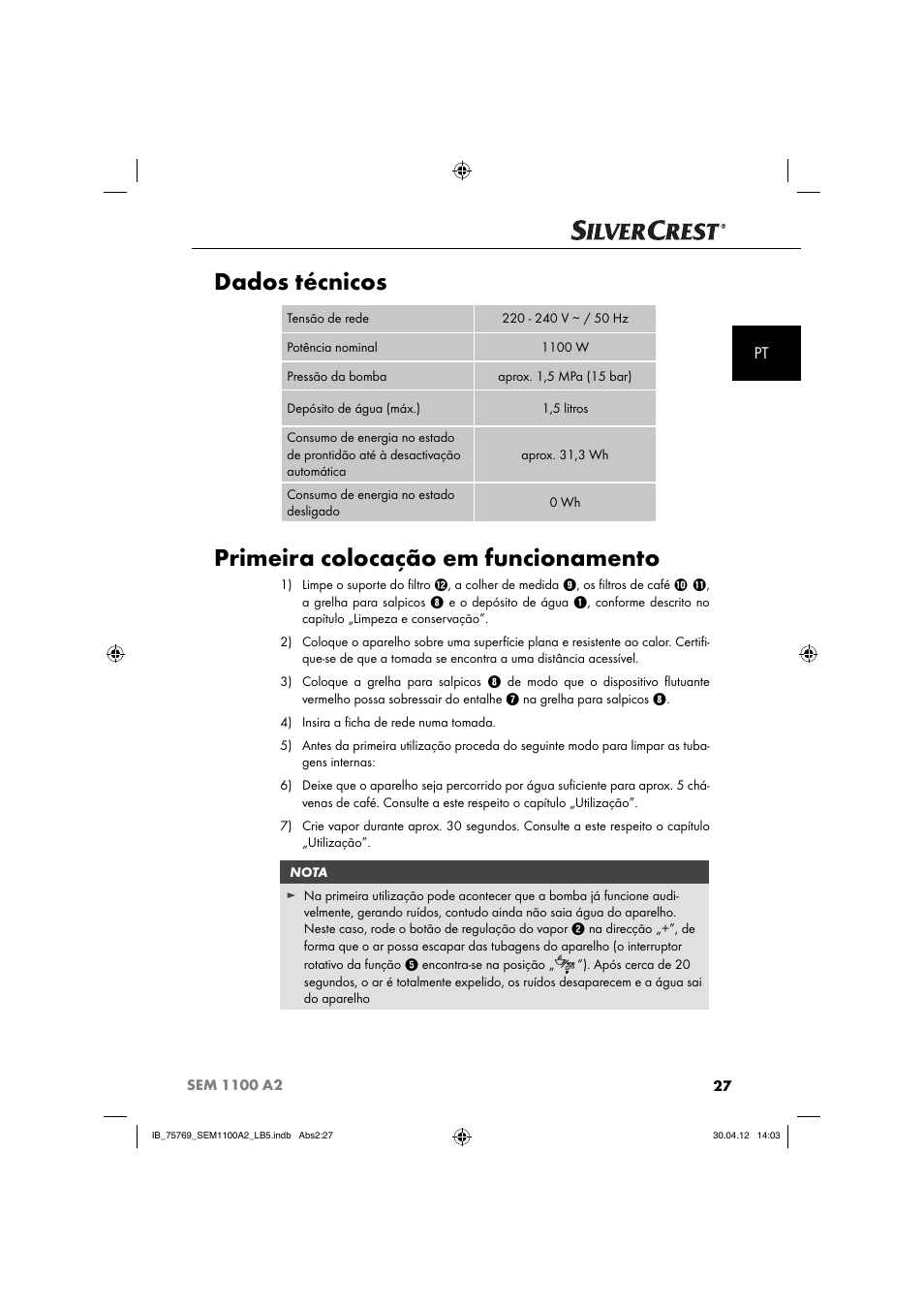 Dados técnicos, Primeira colocação em funcionamento | Silvercrest SEM 1100 A2 User Manual | Page 29 / 81