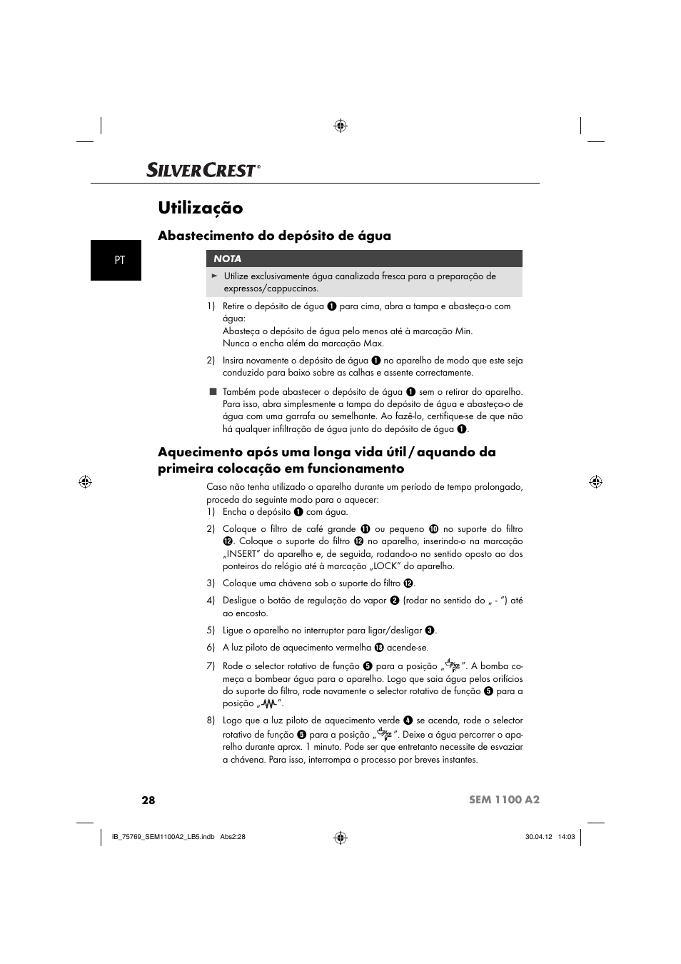 Utilização, Abastecimento do depósito de água | Silvercrest SEM 1100 A2 User Manual | Page 30 / 81